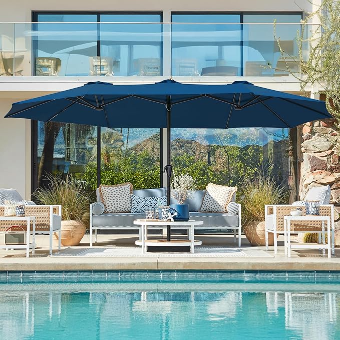 SUPERJARE 15FT Outdoor Patio Umbrella with Base Included, Double Sided Pool Umbrellas with Fade Resistant Canopy, Extra-Large Table Umbrella for Deck, Market, Backyard, Navy Blue