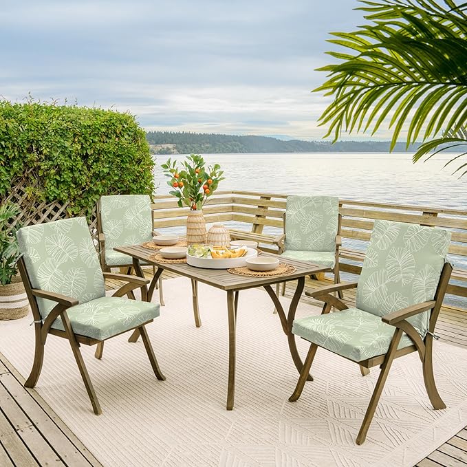 Arden 4-Pack Outdoor Patio Dining Chair Cushion, 20x44, Rain-Proof Seat Pad, Fade-Resistant Outdoor Cushion Coastal Green Leaf