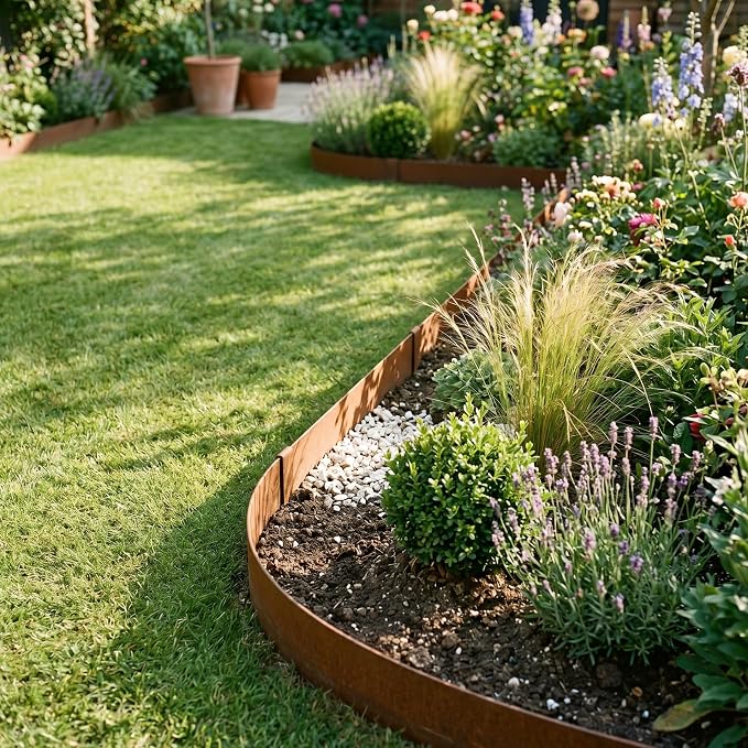 Worth Garden 6-Pack Pre-Rusted Cor-Ten Steel Landscape Edging - 40" L x 6" H Each (20ft Total) - No-Dig Hammer-in Heavy Duty 14-Gauge Metal Edging Border w/ 7 Clips & Gloves - Edge for Lawn Yard