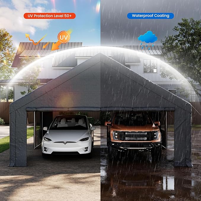 COSIEST 20'×20' Storage Shelter Outdoor Gable Roof Carport with Removable Side Walls, Heavy-Duty Garage Canopy Weatherproof PE Cover, Multi-Purpose Vehicle, Tractor Shed for Backyard, Driveway (Gray)