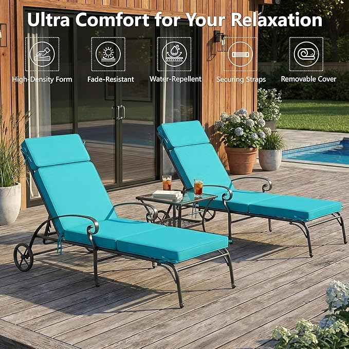 72 x 21 Inch Outdoor Chaise Lounge Cushions Set of 2 - Removable Cover, 4-Section Design, Water-Repellent & Fade-Resistant, 6 Tie Straps, Replacement for Patio & Pool Chairs - Teal