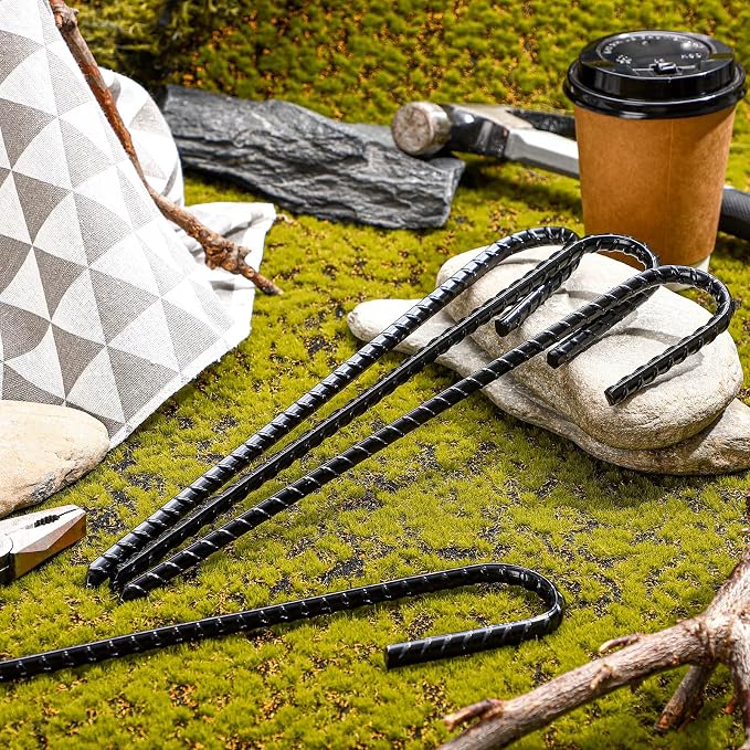 Sadnyy 36 Pack 12 Inch Heavy Duty Rebar Stakes J Hook Ground Anchors - Black Steel Chain Link Fence Stakes for Garden, Trampoline, Tent, Swing Set & Outdoor Anchors with Chisel Point
