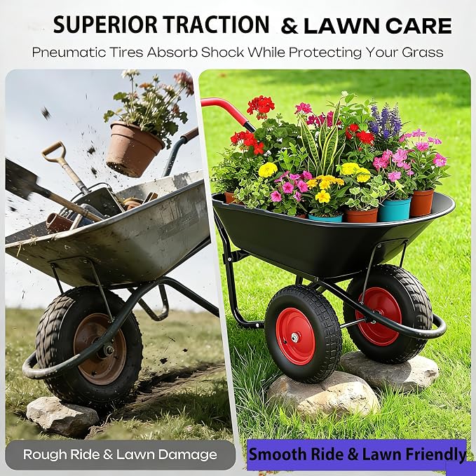 2 Wheel Wheelbarrow, Dual-Wheel Garden Dump Cart with 13" Non-Slip Pneumatic Tires & Ergonomic Padded Handle, Heavy-Duty Home Utility Yard Cart Wagon with 4.5 Cu Ft Capacity for Lawn, Gardening