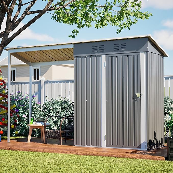 YOPTO 5×3 FT Outdoor Storage Shed & Gazebo Combo,Lean to Metal Tool Shed with Open Pergola,All-Weather 2-in-1 Garden Shed & Gazebo W/Sloping Roof and Lockable Door,for Backyard,Patio,Lawn(Gray)