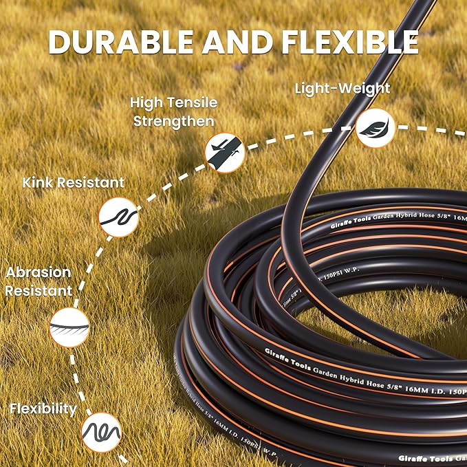 Giraffe Tools Garden Hose 5/8", Water Hose Heavy Duty, Flexible, Lightweight Hybrid Hose with Swivel Handle, 15ft Male to Female Fittings, Burst 600 PSI, Short Leader Hose