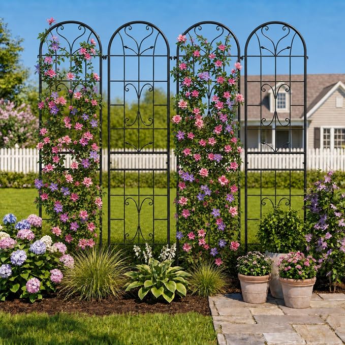 4 Pack 87x20in Garden Trellises, Ornate Scrollwork Black Metal Coated Rustproof Trellis for Climbing Plants Outdoor, Roses, Vegetables, Vines, Cucumbers