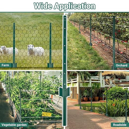 Metal Fence Posts 10 Pack, 3 FT Green Heavy Duty U Posts, No Dig T Posts for Fences Wire Mesh, Perfect for Temporary Fencing, Electric Fence Wire, Corner Anchor