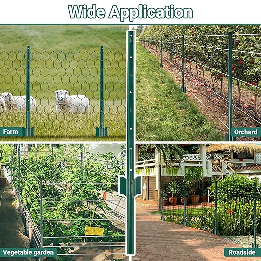 Metal Fence Posts 3 FT, Pack of 16 Green Heavy Duty U Posts, No Dig T Posts for Fences Wire Mesh, Perfect for Temporary Fencing, Electric Fence Wire, Corner Anchor