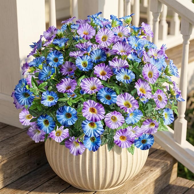 Blue Purple Artificial Morning Glory Flowers for Outdoor Planters, Premium UV Resistant Silk Faux Flowers for Porch, Hanging Basket & Window Box, Cottage Garden Decor, No Pot, 13.3 Inch, 8 Bundles