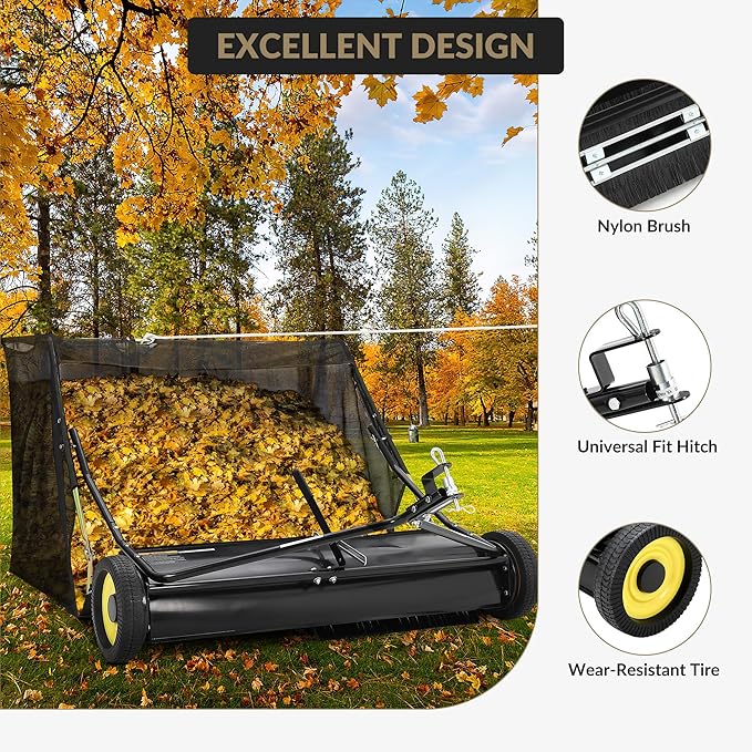 42-Inch Tow-Behind Lawn Sweeper, 12 Cu.ft Large Capacity Leaf & Grass Collector with Universal Hitch, Adjustable Sweeping Height & Easy Dump Rope, Heavy-Duty Yard Sweeper for Tractor ATV UTV