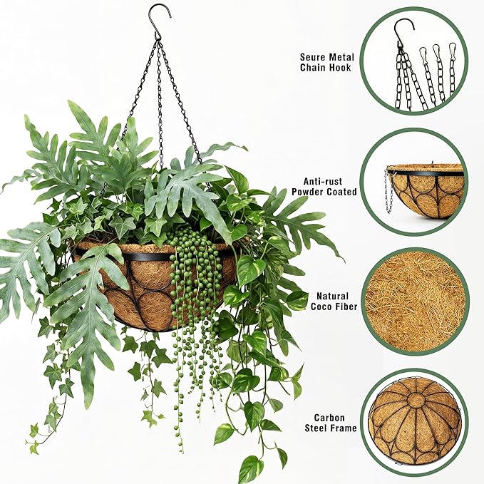 4 Pack 14 Inch Hanging Planters for Outdoor Plants，Large Wire Flower Hanging Basket with Coco Liners for Balconies, Patios, Porch, Terraces Decor