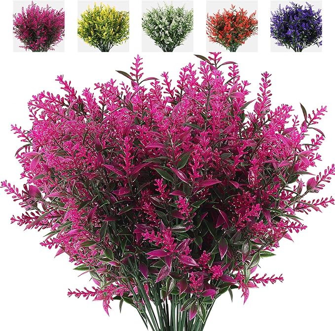 RECUTMS 8 Bundles Artificial Outdoor Lavender Flowers Fake Outside Plants | 13.8",UV Resistant Greenery,Plastic Shrubs,Faux Ferns,Spring Summer Decor,Indoor/Outdoor Hanging Decorations