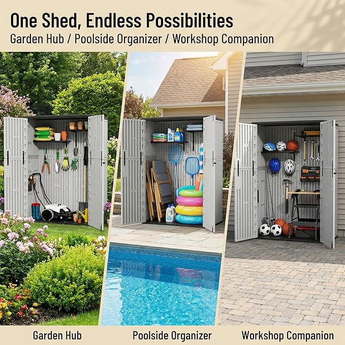 Outdoor Storage Shed 57 Cu.ft with 6 Adjustable Shelves – Weatherproof Resin Storage Cabinet with Floor, Lockable Vertical Shed for Garden Tools, Lawn Mower, Pool Equipment & Organization