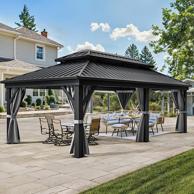 YITAHOME 12x18ft Hardtop Gazebo with Nettings and Curtains, Heavy Duty Double Roof Galvanized Steel Outdoor Combined of Vertical Stripes Roof for Patio, Backyard, Deck, Lawns, Gray
