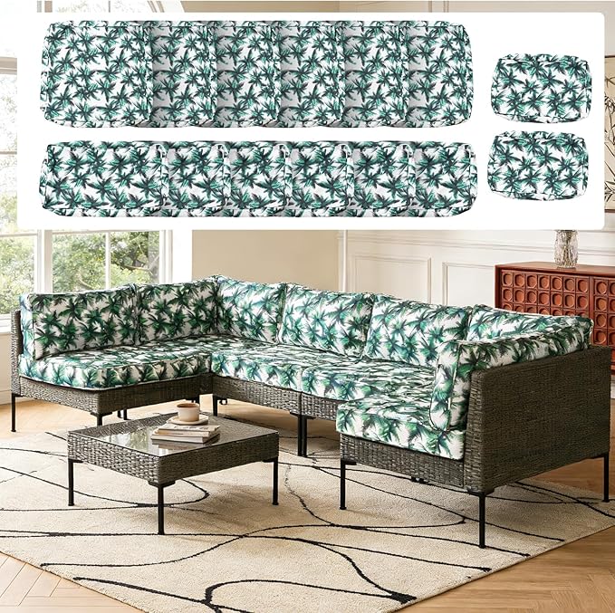 14Pcs Outdoor Cushion Covers Replacement Washable Waterproof UV w/Zipper for 6-Seaters Sofa Patio Slipcovers Set Seat and Back Covers Only (Palm Leaf, 25x25x3.15inch)