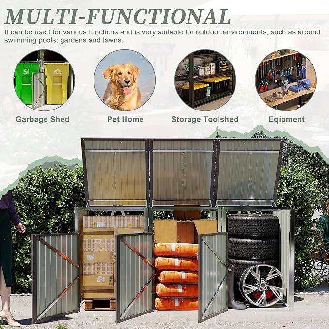 KEIKI 3-Bin Outdoor Trash Can Storage Shed, Metal Garbage Bin Enclosure with Lift-Up Lid & Lockable Double Doors, Weather-Resistant Heavy-Duty Patio Garden Shed, Light Gray