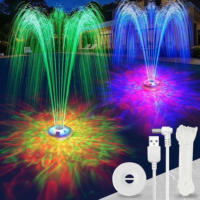 AearKing Floating Pool Fountain with Lights Show, Pool Water Fountain with Anchor, Above Ground Pool Water Fountains Pump with Rope, Swimming Pool Fountains for Inground Pools