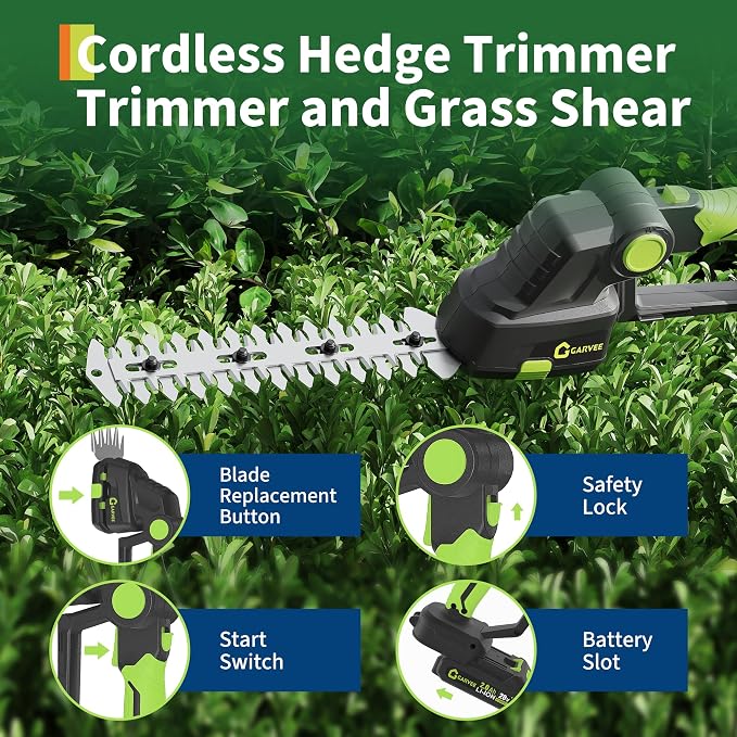 Cordless Hedge Trimmer, 2-in-1 Electric Hedge Trimmer, 20V 2.0Ah Grass Shears and Hedges Trimmers, with 2 Battery and Charger, Usage Time Can Last Up to 120 Minutes, for Gardens, Yards and Lawns