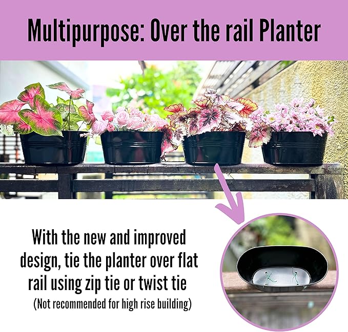 LaLaGreen Outdoor Rail Planter for Balcony (4 Pack, 9.8 Inch) Small and Cute Black Metal Iron Fence Hanging Flower Pots Deck Railings Buckets Boho Style Window Box Plant Holder Hooks Porch Decor