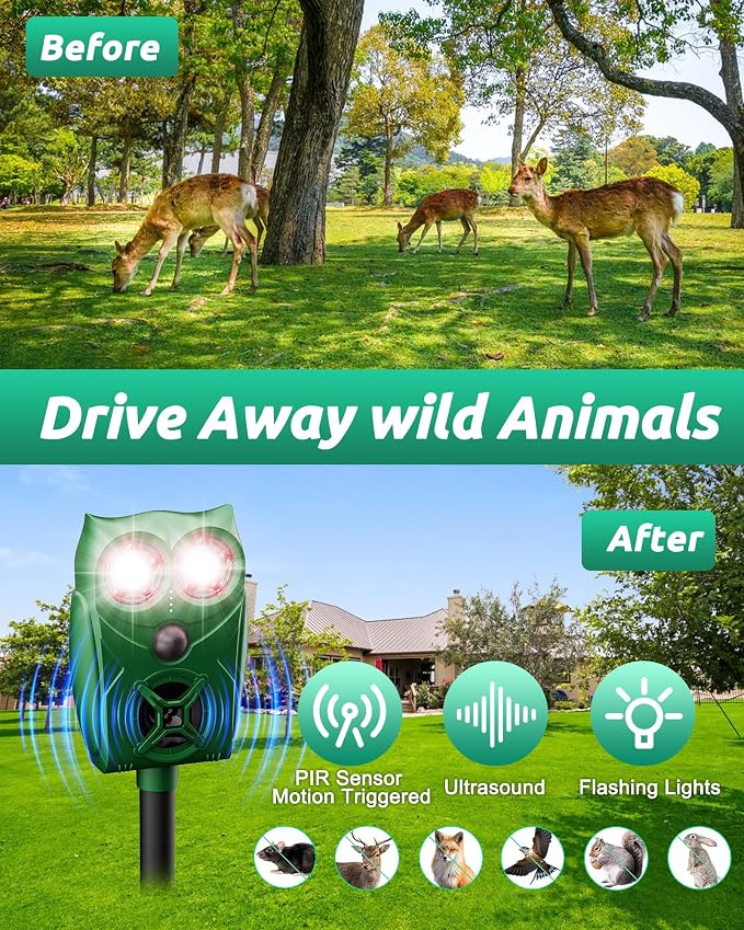 Solar Animal Repellent Ultrasonic Deer Deterrent - 2 Pack Waterproof Adjustable Large Solar Panel with Power Indicator, Motion Sensor & Outdoor Animal Repeller to Deter Cat, Coyote, Raccoon