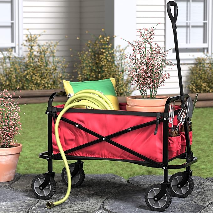 Amazon Basics Collapsible Heavy Duty Utility Wagon for Outdoor Sports, Camping, Garden, and Pets, Portable with Handle, 265 pounds Weight Capacity, 27.6 x 40.9 x 20 inches, Red
