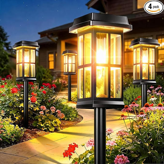 Garpar Solar Pathway Lights Outdoor 4 Pack, Window-Style with Metal Pole | 3500K Warm White, 2 Lighting Modes, Up to 18hrs Runtime, IP65 Waterproof, Ideal for Yard, Walkway, Driveway, Patio