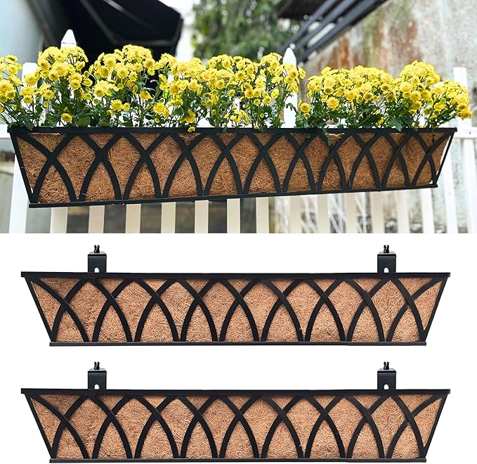 LaLaGreen Railing Planter Box (36 Inch, 2 Pack) Black Metal Rectangular Window Boxes for Outdoor Plants, Large Wall Hanging Planters with Coco Liner Modern Bracket Garden Fence Horse Troughs Porch