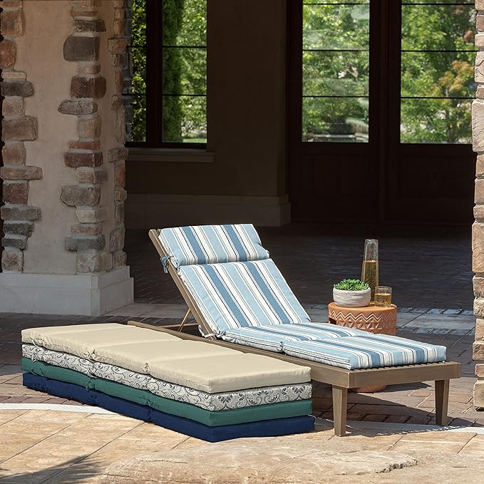 Arden Outdoor Chaise Cushion, 21 in x 72 in, Weather-Proof, Rain-Proof, Fade Resistant Patio Cushion for Chaise Lounger French Blue Linen Stripe