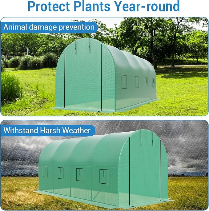 15×7×7Ft Walk-in Tunnel Greenhouse, Galvanized Steel Frame, PE Cover, Zipper Door, 8 Vents, Outdoor Year-Round Plant Shelter