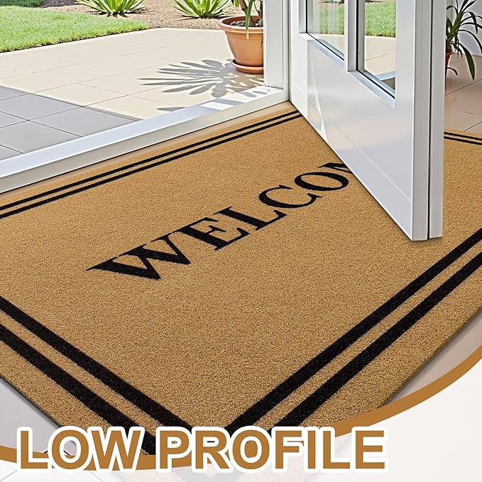 OLANLY Front Door Mat, Low Profile Doormat, Stain and Fade Resistant, Easy to Clean, for Indoor and Outdoor Entrances, Patio Porch or Entryway, Brown (35x23 Inch, Welcome)