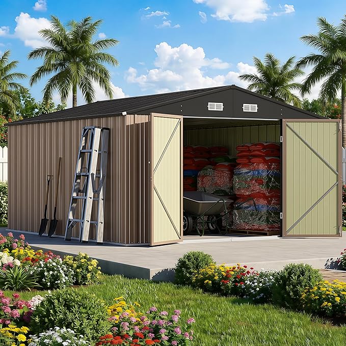 Greesum 10x12FT Outdoor Storage Shed, Utility Tool Shed with Sloping Roof, Metal Storaged Garden Shed with Door & Lock for Patio Storage, Brown