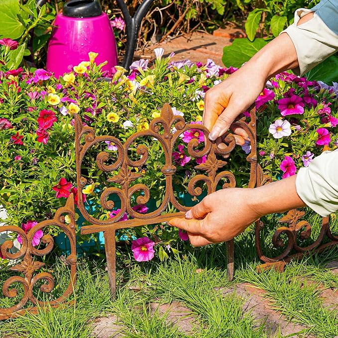 Sungmor Decorative Cast Iron Garden Edging, 4 Pack Full Rusted Victorian Garden Edging Landscape Border, Vintage Metal Yard Stake Low Picket Fence, 10.6" Tall Outdoor Flower Bed Lawn Fence Panels
