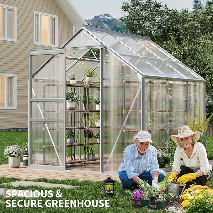 6x6FT Greenhouse for Outdoors, Walk-in Polycarbonate Greenhouse with Sliding Door, Adjustable Roof Vent & Gutter System, Portable Outdoor Green House Kit for Winter Gardening
