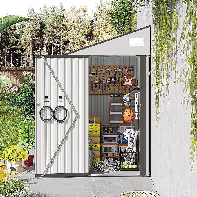 YOPTO 4x8 FT Outdoor Metal Storage Shed,Waterproof Lean to Tool Sheds,Heavy-Duty Unit with Single Hinge Side Door and Ventilation Windows,Weather Resistant,for Backyard,Patio,Lawn,White