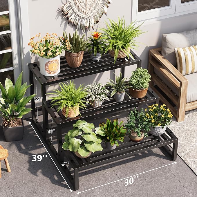 Plant Stand Indoor Outdoor,3 Tier Ladder Metal Plant Stands Riser,Heavy Duty Wrought Iron Plant Shelves for Multi Large Pots,Black Tiered Flower Display Holder for Living Room,Patio,2-Pack