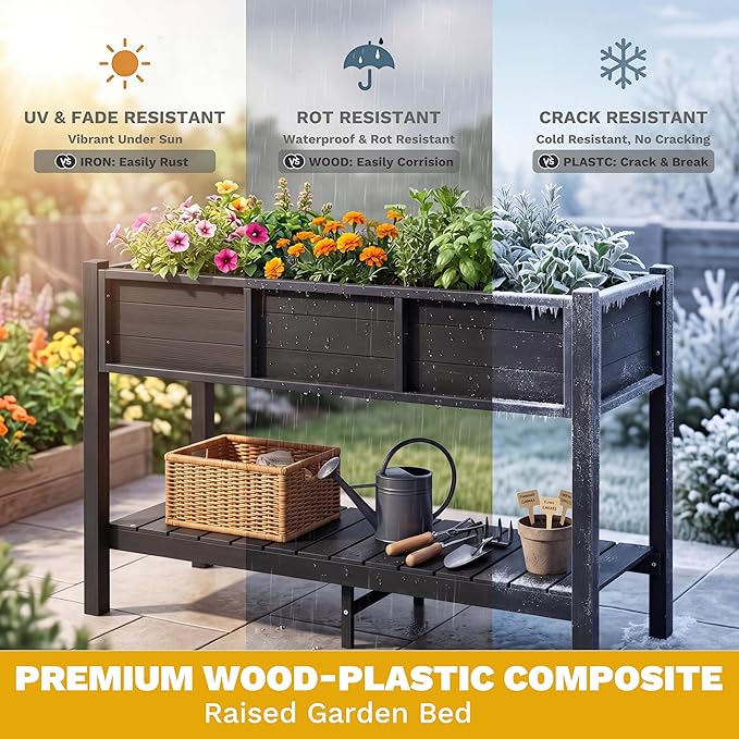 DWVO 48x18x30in Raised Garden Bed Kit, HDPE Planter Box Stand, Poly Wood Weather-Resistant Planter Box with Legs & Storage Shelf, Elevated Garden Bed for Backyard, Patio, Balcony,Black