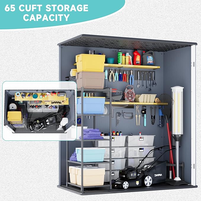 Greesum 5X3FT Plastic Storage Shed with Floor, Resin Outdoor Storaged Shed with Lockable Door, Easy Assembly All-Weather Tool Sheds for Garden, Backyard, Patio, Dark Gray (4.7×2.5FT)