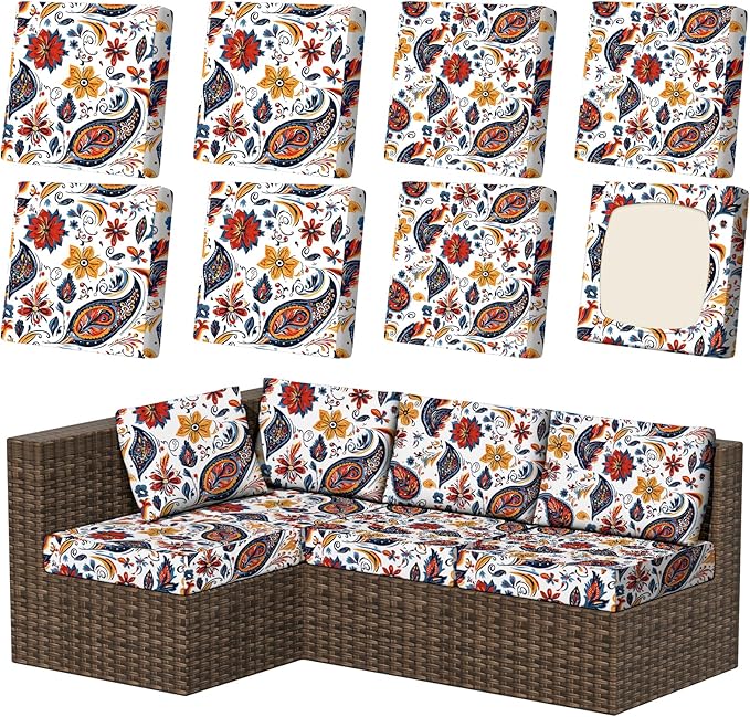 8Pcs Patio Stretch Cushion Covers, Outdoor Couch & Sofa Replacement Slipcovers for Patio Furniture Cushion Covers, Washable Reusable Furniture Protector, Square Large, Art Paisley
