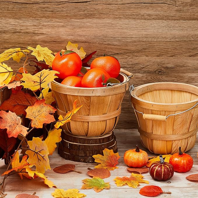 Marsui 16 Pcs Round Wooden Berry Baskets Small Bushel with Handles for Gifts Empty Basket Fruit Buckets for Picking Strawberry Fruits Flowers Crafts Home Wedding (Natural Wood)