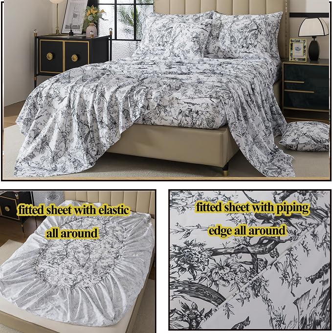 FADFAY Bird Sheets Set Cal King 100% Egyptian Cotton Black and White Toile de Jouy Bedding Vintage Rose Floral Farmhouse Bedding Shabby Botanical French Country Sheet Deep Pocket Soft Breathable 4Pcs