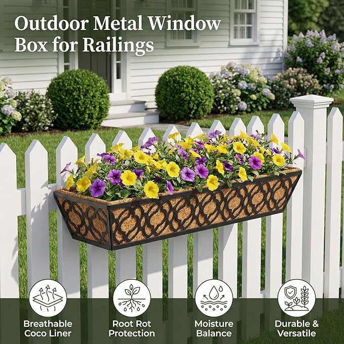 2 Pack 30 Inch Railing Planter Box with Coco Liner, Adjustable Metal Window Box Planter for Balcony Deck Fence, Hanging Flower Basket for Outdoor Garden, Black