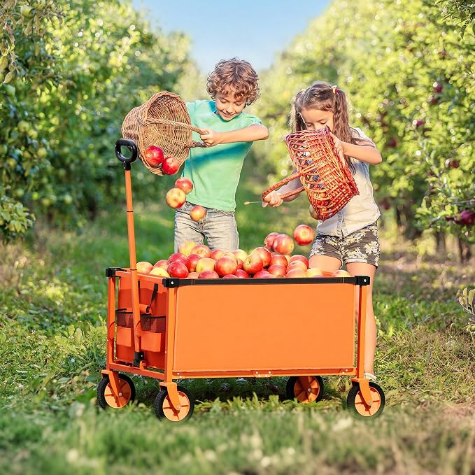 29.3" Collapsible Wagon Cart, 150L Heavy Duty Folding Utility Wagon with Wheels, 260 lbs Load, Portable Rolling Cart for Garden, Shopping, Sports, Camping, Orange