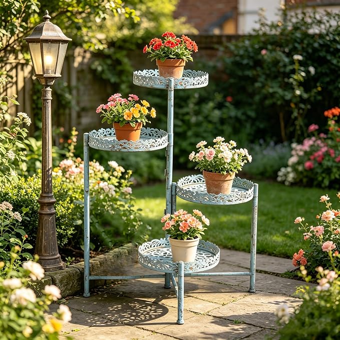 4-Tier Vintage Distressed Blue Metal Plant Stand, Foldable Corner Flower Pot Holder Shelf for Indoor Outdoor, Rustic Plant Rack for Patio Porch Garden Balcony Living Room