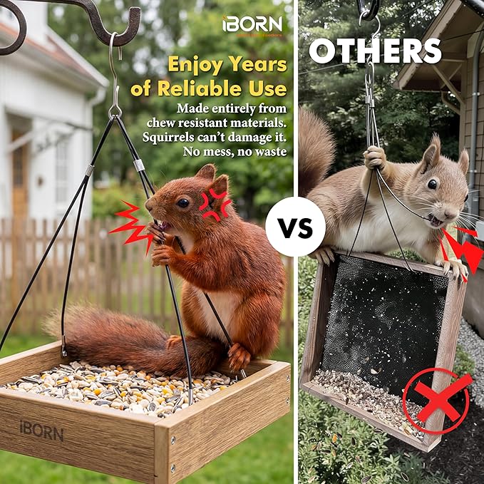 iBorn Platform Bird Feeder Tray, Chew Proof Bird Feeders for Outdoors Hanging, Flat Birdfeeder Tray with Large Capacity 3LBS, WPC Recycled Plastic & Cedar Look, Waterproof, 10.5"x10.5", Raw