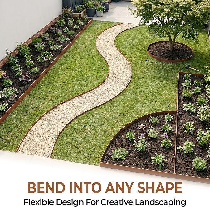 Worth Garden 6-Pack Pre-Rusted Cor-Ten Steel Landscape Edging - 40" L x 6" H Each (20ft Total) - No-Dig Hammer-in Heavy Duty 14-Gauge Metal Edging Border w/ 7 Clips & Gloves - Edge for Lawn Yard