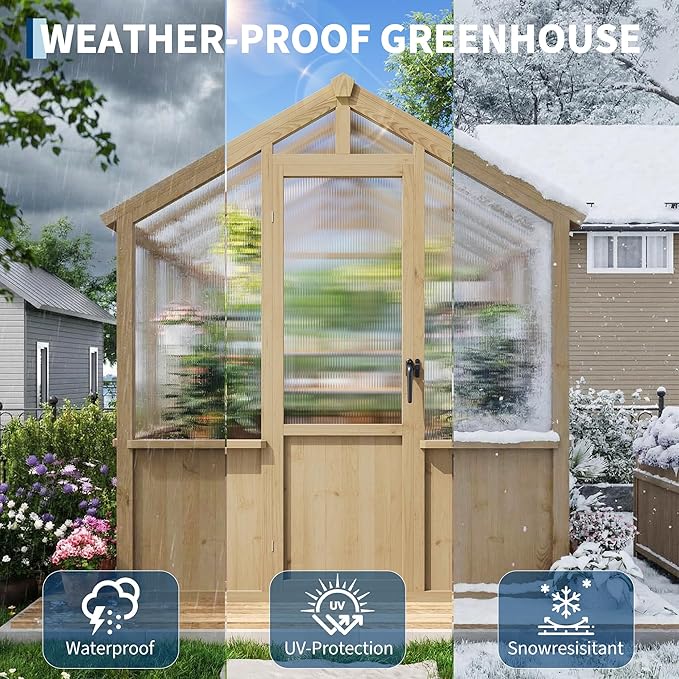6x8 FT Greenhouse - Large Wooden Greenhouses for Outdoors, Heavy Duty Spruce Frame Greenhouse with PC Panels, Adjustable Roof Vents & Lockable Door, Walk-in Green Houses for Garden, Backyard, Patio