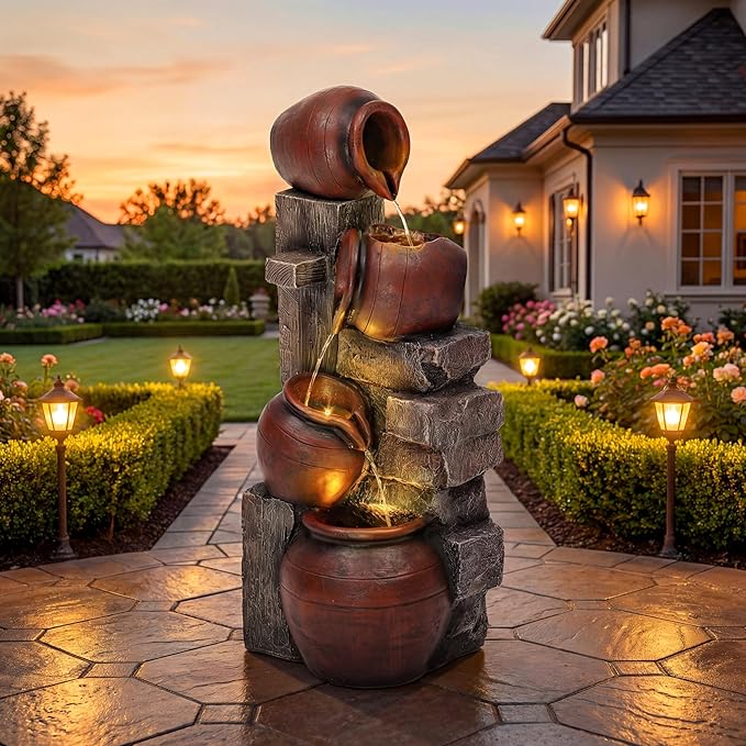 AUTODAYA 31.5" H Outdoor Water Fountain with LED Lights and Pump, Cascading Pitchers Farmhouse Garden Fountain Waterfall for Patio, Porch, or Yard