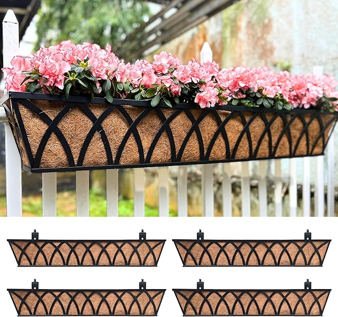 LaLaGreen Railing Planter Box (36 Inch, 4 Pack) Black Metal Rectangular Window Boxes for Outdoor Plants, Large Wall Hanging Planters with Coco Liner Modern Bracket Garden Rail Fence Patio Porch Decor