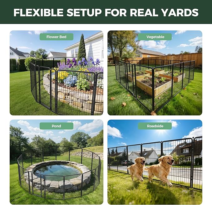 FXW Garden Fence Outdoor for the Yard – 40in(H) x 36.4ft(L) Heavy Duty Metal Animal Barrier for Dog, No Dig Decorative Dog Fence, 16 Panels, Black