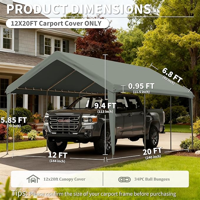 Carport Replacement Canopy Cover 12'x20' for Tent Top Garage Shelter Cover, 800D Heavy Duty Oxford Waterproof & UV Protected Car Canopy Tarp with Ball Bungees (Frame is not Included)